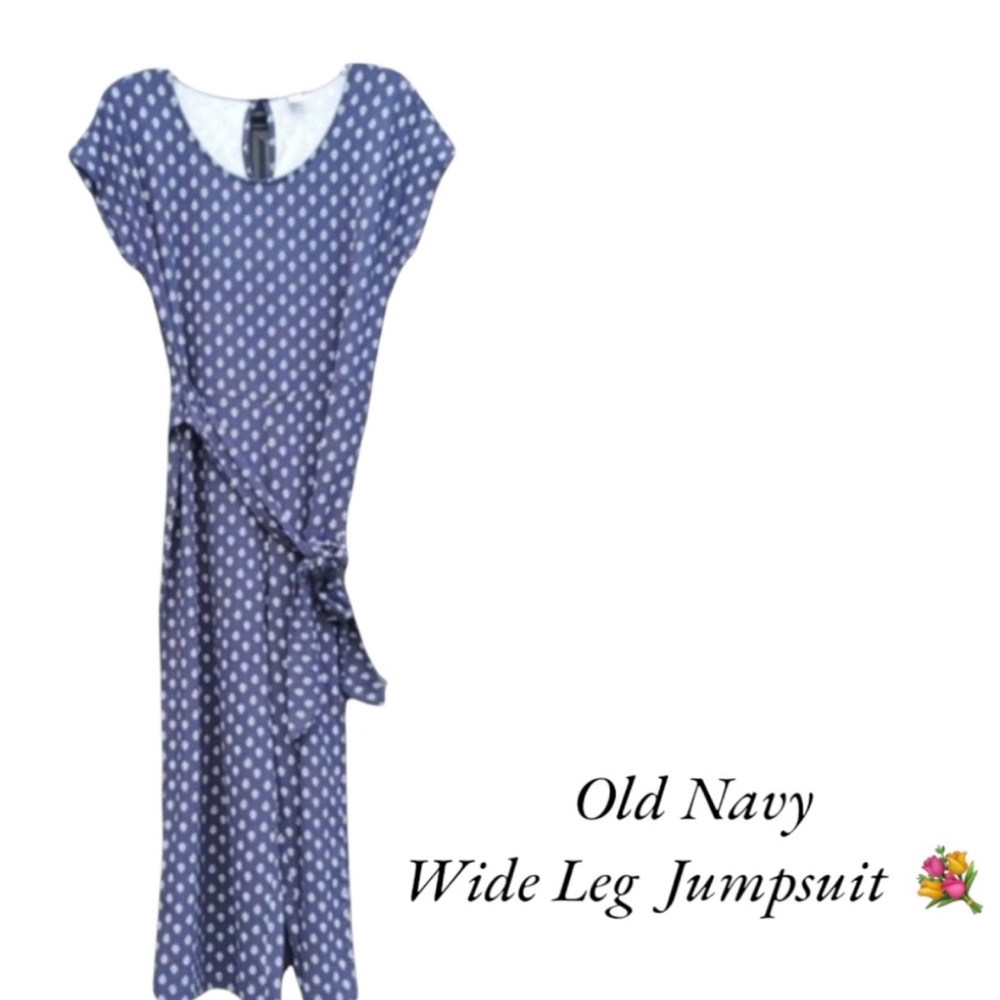 Old Navy Wide Leg Boho Slipon Jumpsuit M Blue White Floral Rayon Vi…